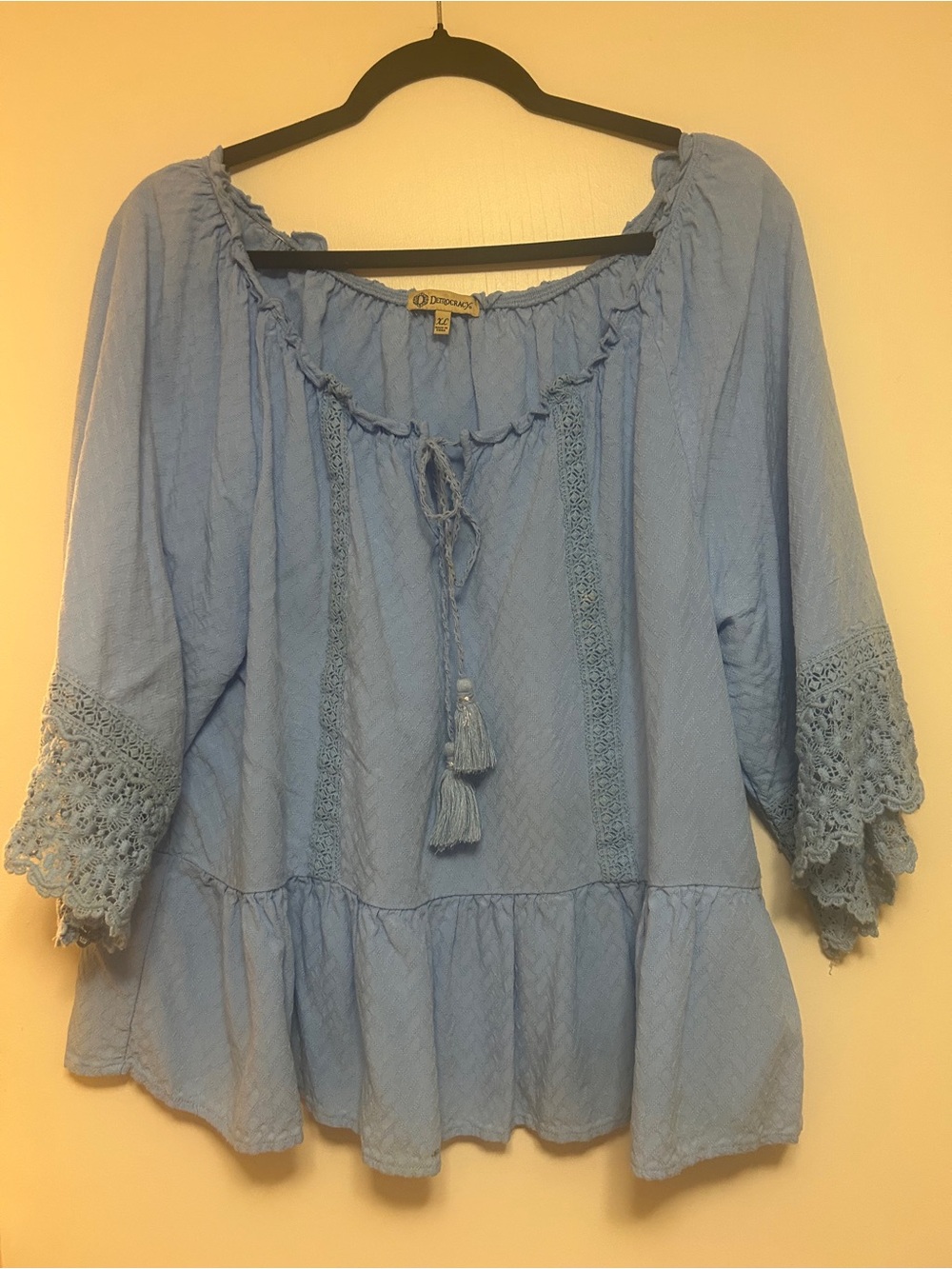 Democracy Light Blue Tassel Crochet Peasant Top